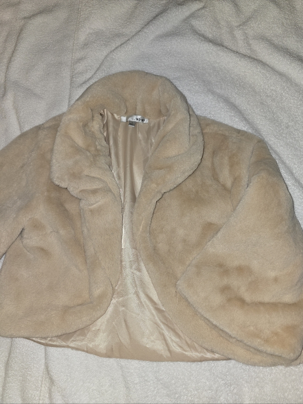 WD.NY Cream Faux Fur Coat with Satin Lining. Size Large